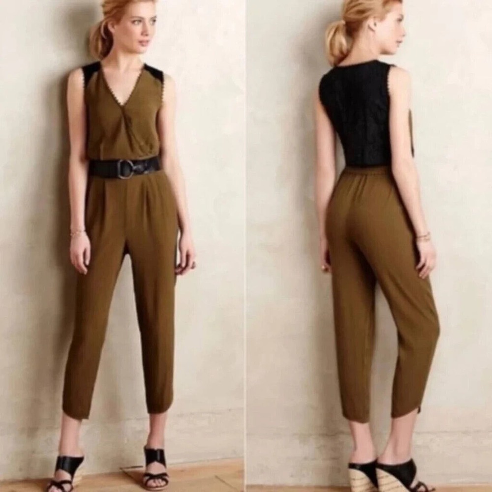 Anthropologie Leifsdottier Olive Green Jumpsuit Sani Lace Belted Waiste Size 8 - Picture 15 of 15